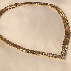 vintage Parklane herringbone V chain necklace with 2 tone cubic zirconia